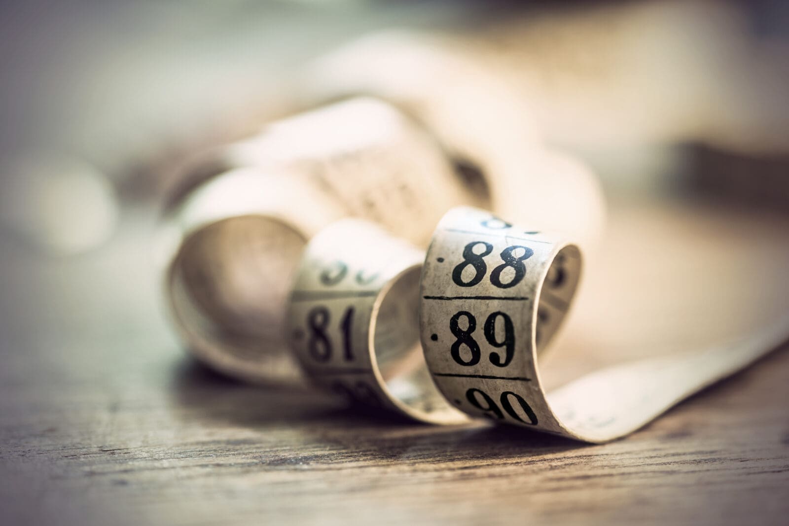 Close up of vintage tape measure on rough wooden surface. CREDIT: https://www.istockphoto.com/portfolio/PinkBadger