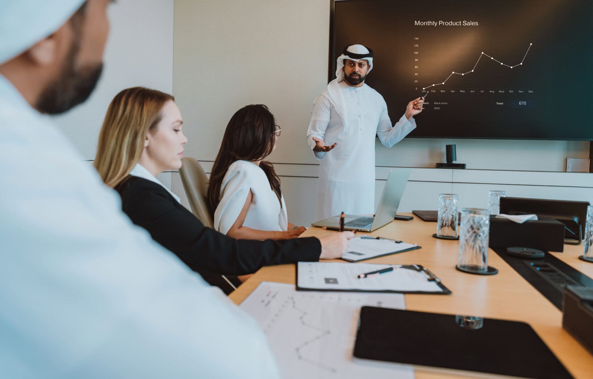 An emirati business professional presenting a chart as the Performance Owner of the KPI.