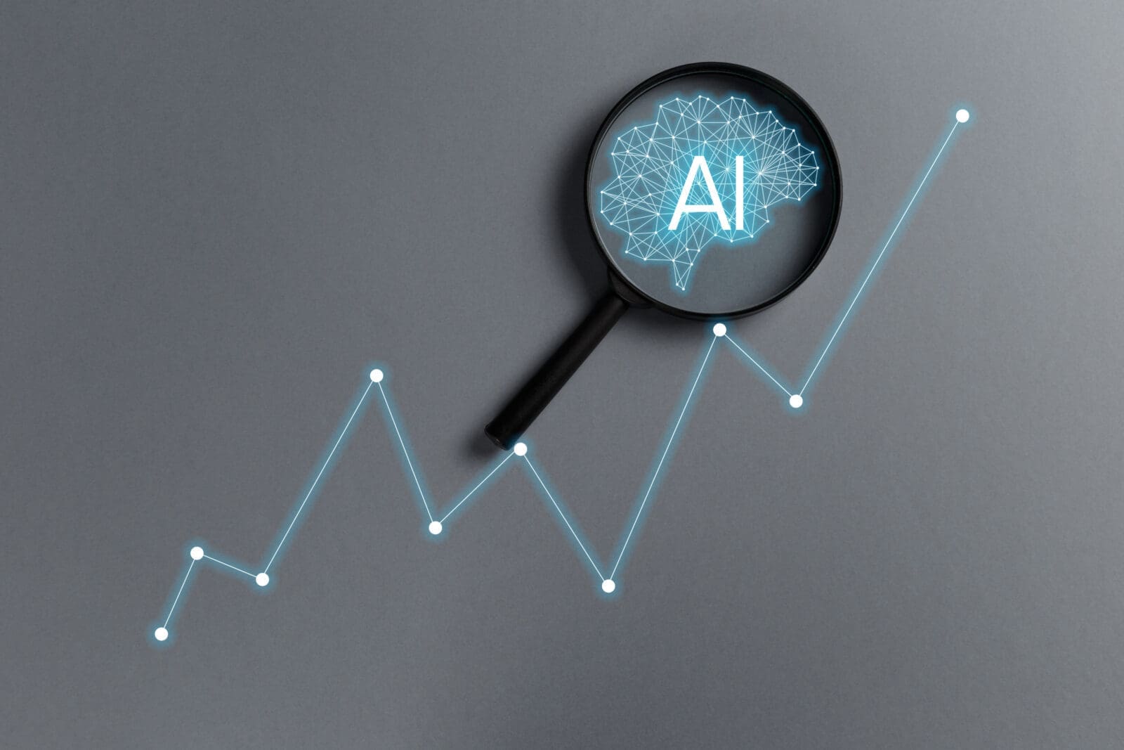 A magnifying glass over a digital AI brain, overlaying a line chart with an upward trend, signifying the measurement of AI's value.